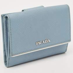 Prada Light Blue Leather Metal Bar French Wallet