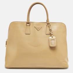Prada Tan Saffiano Vernise Oversized Zip Satchel
