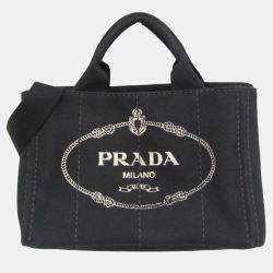 Prada Black Canapa Canvas Top Handle Shoulder Bag