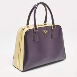 Prada Purple/Cream Saffiano Vernic Leather Pyramid Frame Satchel