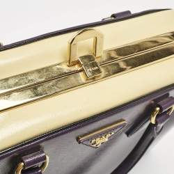 Prada Purple/Cream Saffiano Vernic Leather Pyramid Frame Satchel