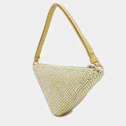 Prada Yellow Satin Leather Rhinestone Studded Triangle Handbag 