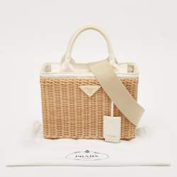 مملوكة مسبقًا Prada Tan/White Wicker and Canvas Medium Tote