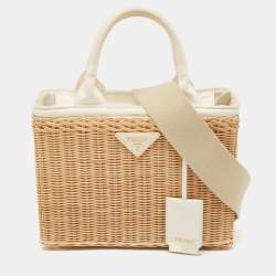 مملوكة مسبقًا Prada Tan/White Wicker and Canvas Medium Tote