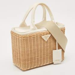 مملوكة مسبقًا Prada Tan/White Wicker and Canvas Medium Tote
