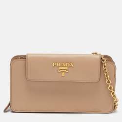 Pre Owned Prada Beige Saffiano Lux Leather Phone Wallet On Chain
