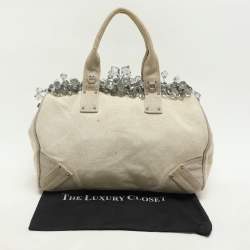 Prada Beige Canvas Mistolino Crystal Cluster Frame Satchel