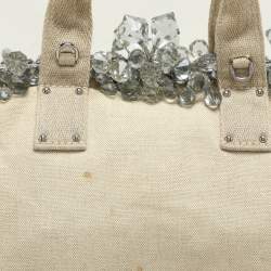 Prada Beige Canvas Mistolino Crystal Cluster Frame Satchel