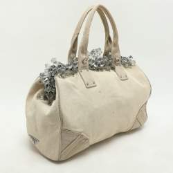 Prada Beige Canvas Mistolino Crystal Cluster Frame Satchel