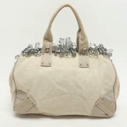 Prada Beige Canvas Mistolino Crystal Cluster Frame Satchel