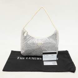 Prada Off White Satin Crystal Embellished Re-Edition 2000 Baguette Bag