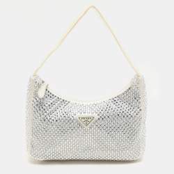 Prada Off White Satin Crystal Embellished Re-Edition 2000 Baguette Bag