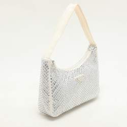 Prada Off White Satin Crystal Embellished Re-Edition 2000 Baguette Bag