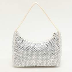 Prada Off White Satin Crystal Embellished Re-Edition 2000 Baguette Bag
