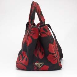 Prada Red/Black Canvas Floral Canapa Tote