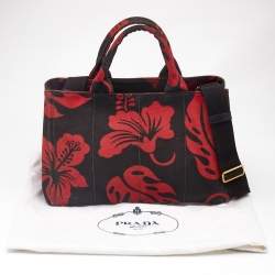 Prada Red/Black Canvas Floral Canapa Tote