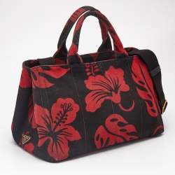 Prada Red/Black Canvas Floral Canapa Tote