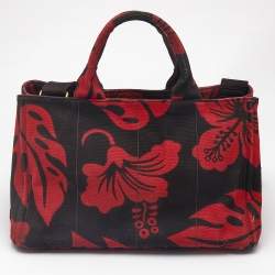 Prada Red/Black Canvas Floral Canapa Tote
