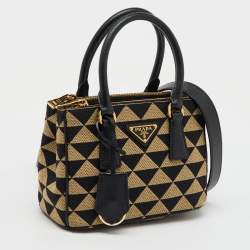 Prada Beige/Black Jacquard Triangolo and Saffiano Leather Mini Galleria Double Zip Tote