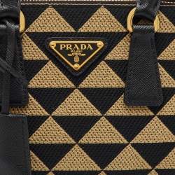 Prada Beige/Black Jacquard Triangolo and Saffiano Leather Mini Galleria Double Zip Tote
