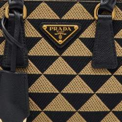 Prada Beige/Black Jacquard Triangolo and Saffiano Leather Mini Galleria Double Zip Tote