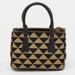Prada Beige/Black Jacquard Triangolo and Saffiano Leather Mini Galleria Double Zip Tote