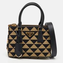 Prada Beige/Black Jacquard Triangolo and Saffiano Leather Mini Galleria Double Zip Tote