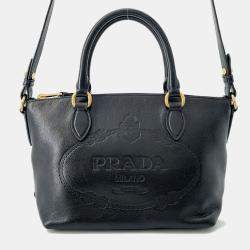 Prada Black Leather Embossed Logo Handbag 