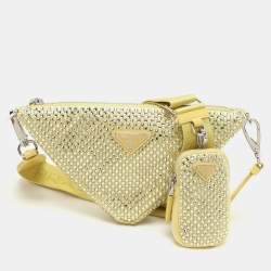 Prada Yellow Crystal Embellished Satin Triangle Logo Crossbody Bag