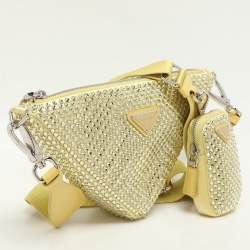 Prada Yellow Crystal Embellished Satin Triangle Logo Crossbody Bag