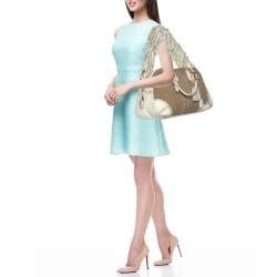 Prada Beige/Grey Jacquard Logo and Leather Fringe Corda Talco Bowling Bag
