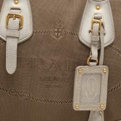 Prada Beige/Grey Jacquard Logo and Leather Fringe Corda Talco Bowling Bag