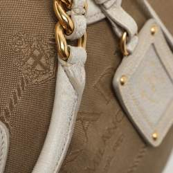 Prada Beige/Grey Jacquard Logo and Leather Fringe Corda Talco Bowling Bag