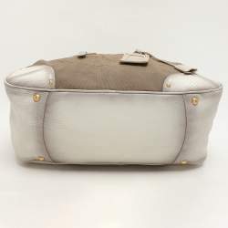 Prada Beige/Grey Jacquard Logo and Leather Fringe Corda Talco Bowling Bag