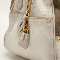 Prada Beige/Grey Jacquard Logo and Leather Fringe Corda Talco Bowling Bag