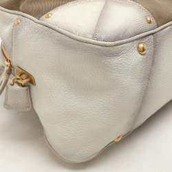 Prada Beige/Grey Jacquard Logo and Leather Fringe Corda Talco Bowling Bag