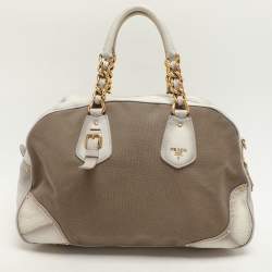 Prada Beige/Grey Jacquard Logo and Leather Fringe Corda Talco Bowling Bag