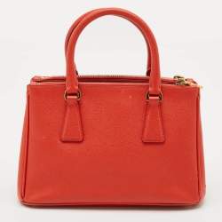 Pre Owned Prada Orange Saffiano Lux Leather Small Galleria Double Zip Tote