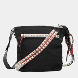 Prada Black & Red Leather and Nylon New Vela Studded Messenger Bag