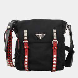Prada Black & Red Leather and Nylon New Vela Studded Messenger Bag