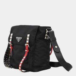 Prada Black & Red Leather and Nylon New Vela Studded Messenger Bag
