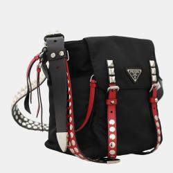 Prada Black & Red Leather and Nylon New Vela Studded Messenger Bag