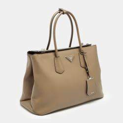 Prada Brown Saffiano Cuir Leather Turnlock Twin Tote