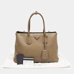 Prada Brown Saffiano Cuir Leather Turnlock Twin Tote