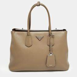 Prada Brown Saffiano Cuir Leather Turnlock Twin Tote