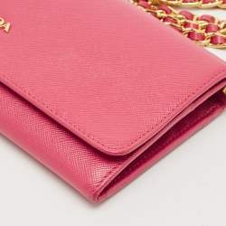 Pre Owned Prada Pink Saffiano Metal Leather Logo Flap Wallet On Chain