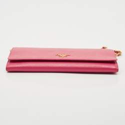Pre Owned Prada Pink Saffiano Metal Leather Logo Flap Wallet On Chain