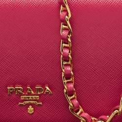 Pre Owned Prada Pink Saffiano Metal Leather Logo Flap Wallet On Chain