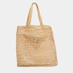 Prada Beige/Brown Raffia Crochet Logo Tote