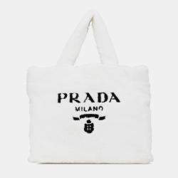 Prada White Spugna Terry Cloth Logo Tote
